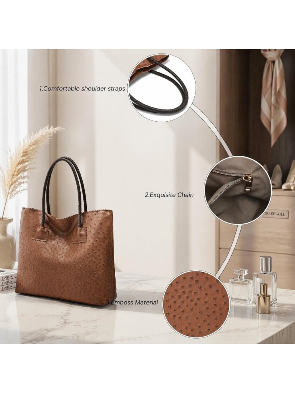 Stylish Large Tote Bag for Women - Ostrich Leather Shoulder Handbag with Pouch - Picture 6 of 7